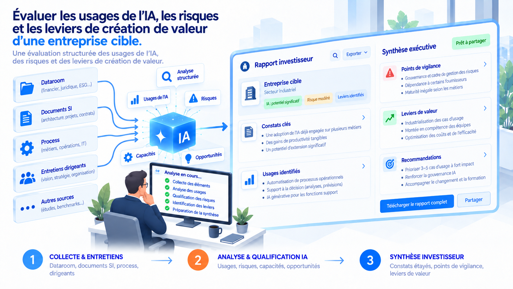 Évaluer les usages de l’IA, les risques et les leviers de création de valeur d’une entreprise cible : collecte des documents et entretiens, analyse et qualification IA, puis synthèse investisseur avec constats étayés, points de vigilance et leviers de valeur.