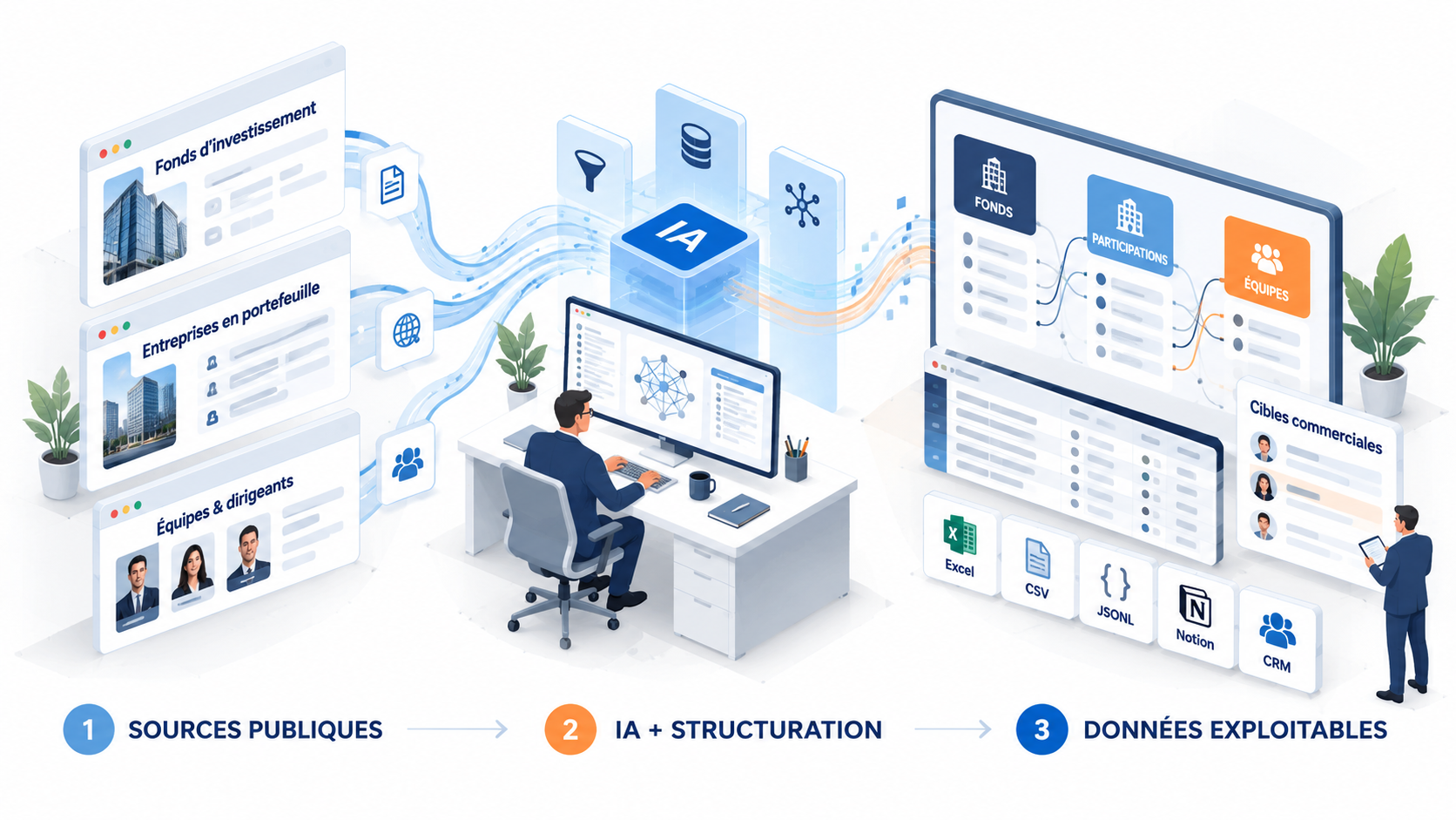 Des sources publiques sur les fonds, leurs participations et leurs équipes, à la structuration par IA puis aux données exploitables dans Excel, CSV, JSONL, Notion et un CRM.