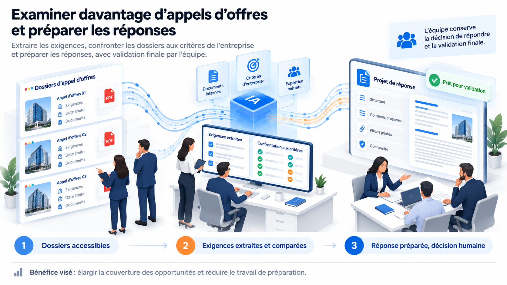 Des dossiers d’appels d’offres accessibles à l’extraction et à la comparaison de leurs exigences par IA, puis à une réponse préparée avec décision et validation finales par l’équipe.