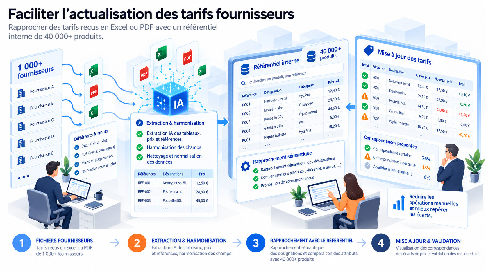 Des tarifs fournisseurs reçus en Excel ou PDF à leur extraction et harmonisation par IA, puis au rapprochement avec le référentiel interne et à la validation des correspondances et des écarts de prix.
