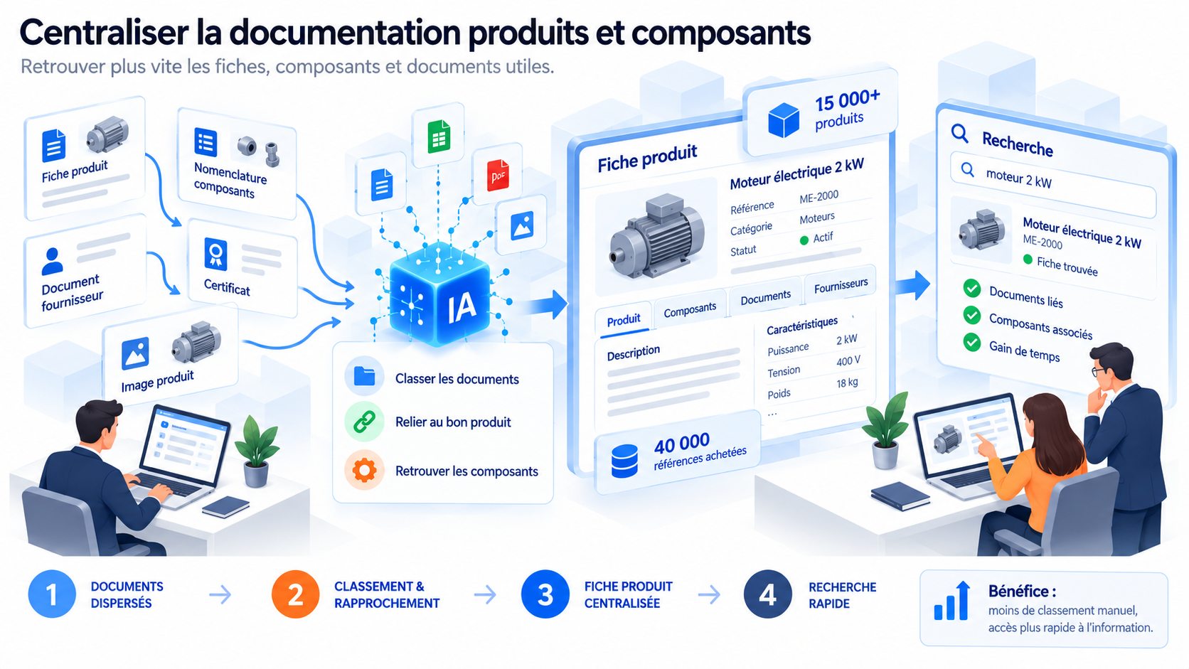 Des fiches produits, nomenclatures, certificats et documents fournisseurs dispersés à leur classement et rapprochement par IA, puis à une fiche produit centralisée pour retrouver les documents et composants.