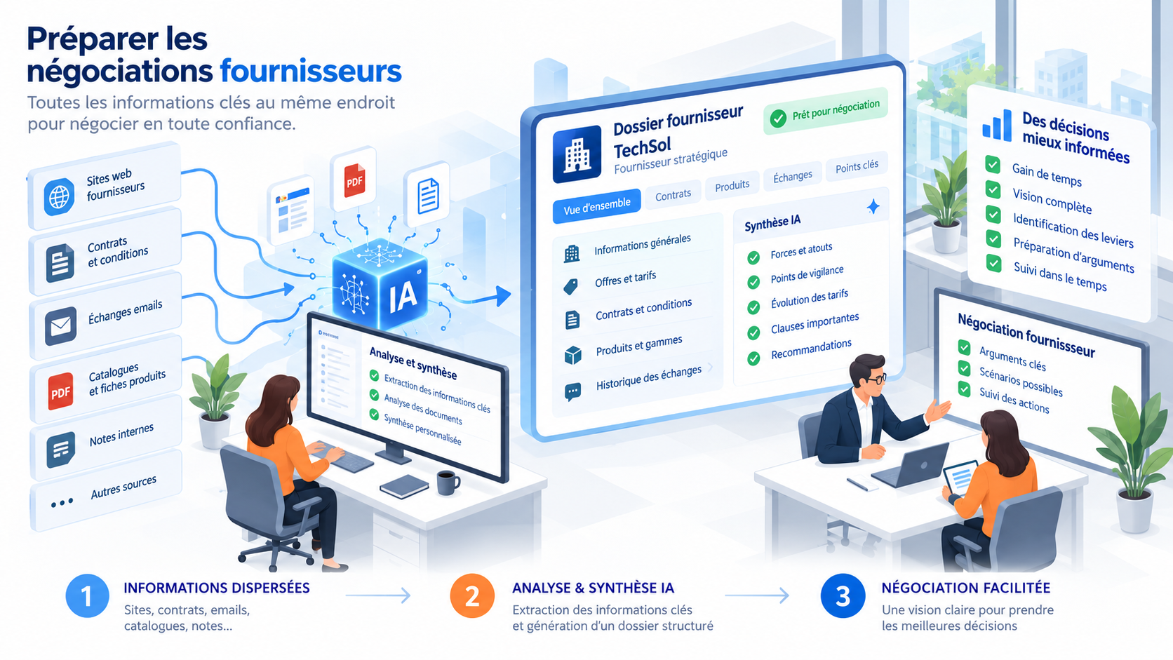 Des sites fournisseurs, contrats, échanges, catalogues et notes internes à leur analyse et synthèse par IA, puis à un dossier fournisseur structuré pour préparer les arguments et suivre les négociations.