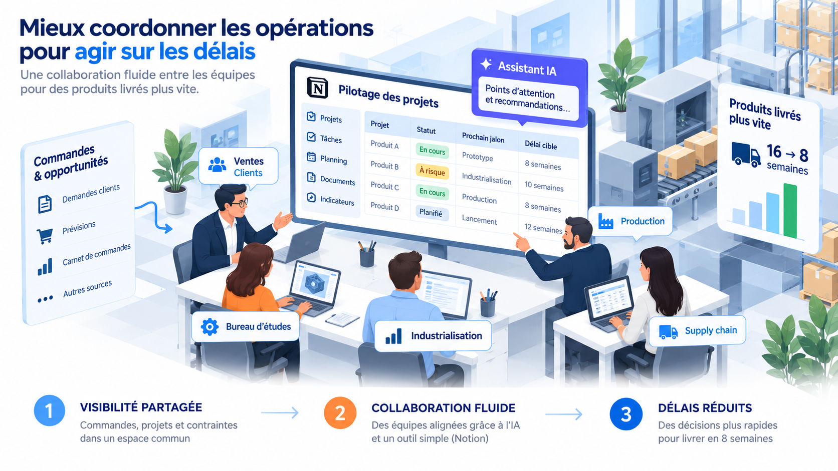 Des commandes, opportunités et contraintes à une visibilité partagée et à un pilotage des projets commun aux ventes, au bureau d’études, à l’industrialisation, à la production et à la supply chain.
