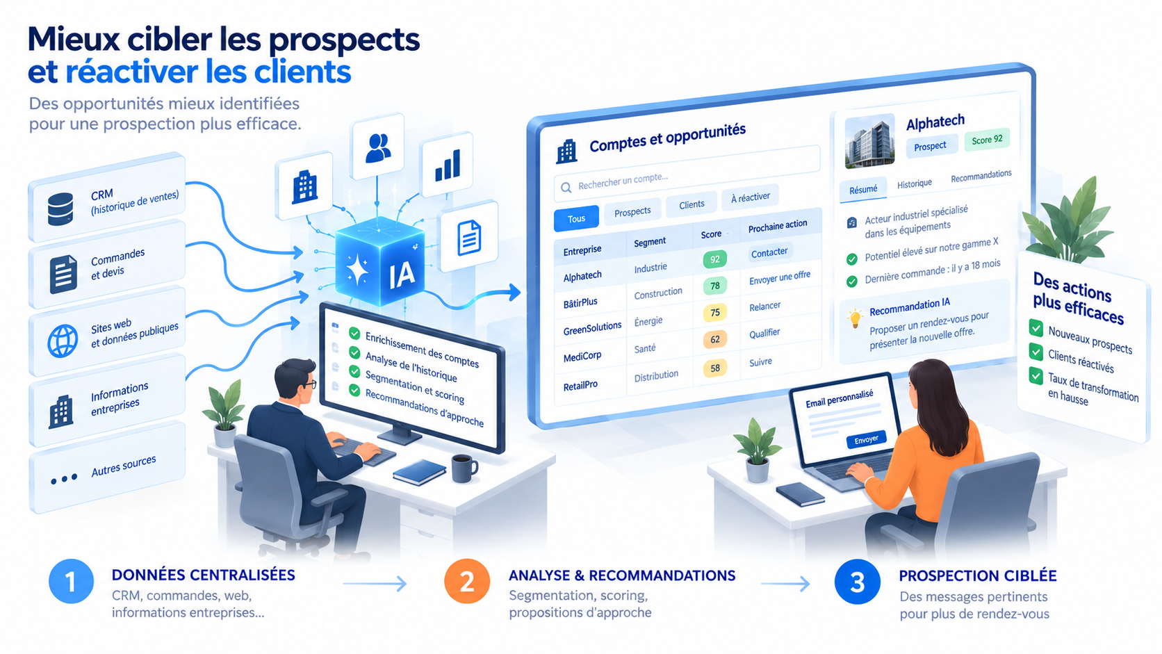 Des données CRM, commandes, devis et informations publiques à leur enrichissement et analyse par IA, puis à une segmentation des comptes et à des recommandations pour cibler les prospects et réactiver les clients.